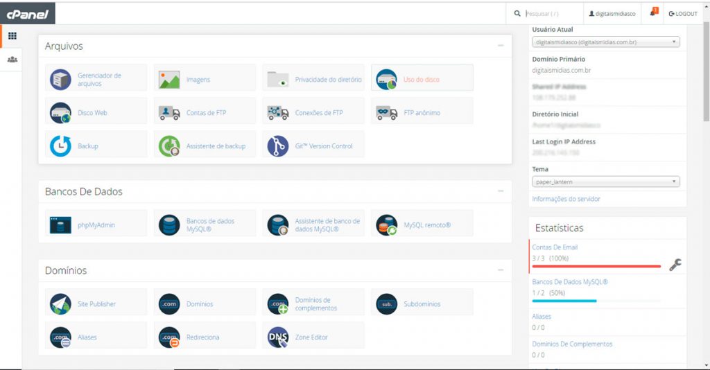 Cpanel gerenciador da minha hospedagem